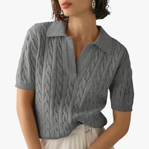 Imily Bela Cable Knit Gray Ribbed V-Neck Short Sleeve Collared Sweater Medium